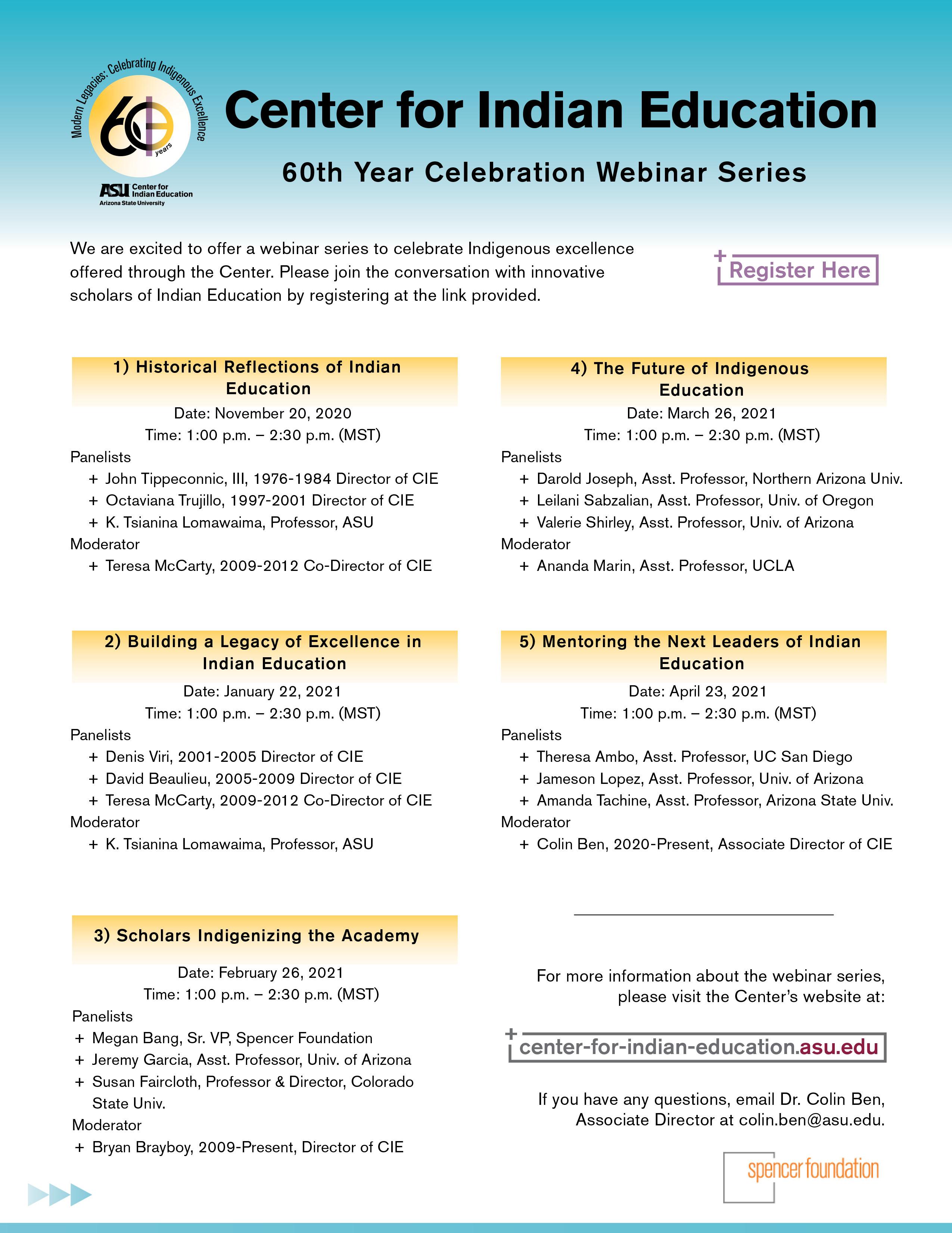 Center for Indian Education Celebration Webinar Series Pamphlet