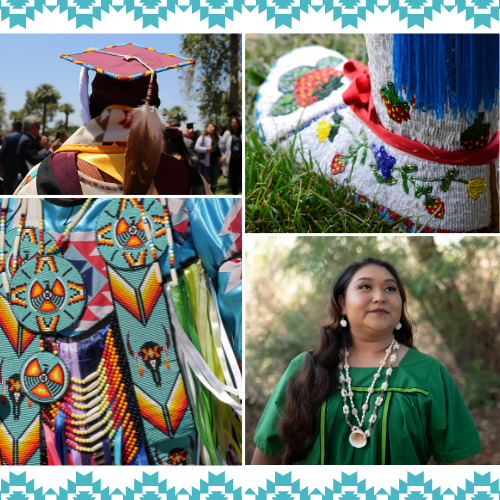 Photo collage of Indigenous regalia: a master's graduate wears a beaded motorboard graduate cap; a picture of a beaded mocassin is displayed in the upper righthand corner; colorful beaded regalia in the lower left; and an Indigenous woman wears her green tribal dress adorned with white sea shells.